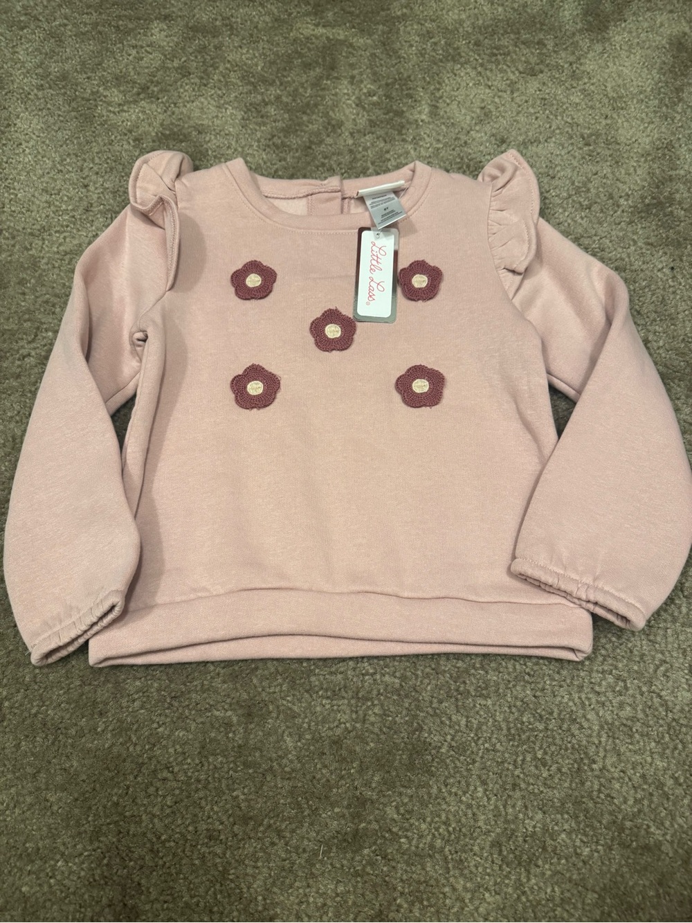 Little Lass Blush Pink Ruffle Shoulder Sweatshirt with Flower Appliqués